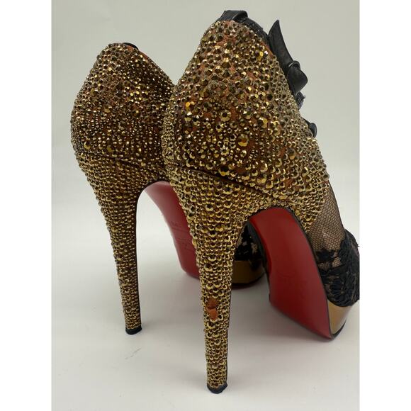 Christian Louboutin Mesh Lace Embroidered Glitter Peep Toe Pump Black Size 39.5 - Picture 7 of 14